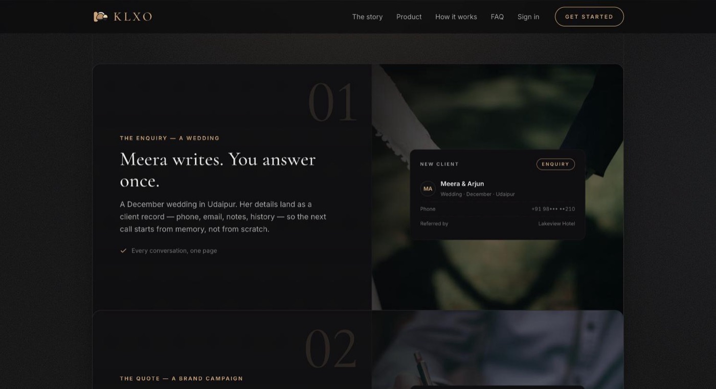 A Klxo section headed “Meera writes. You answer once.”, showing a new-client record card with the shoot type, date, location, phone number and referral source.